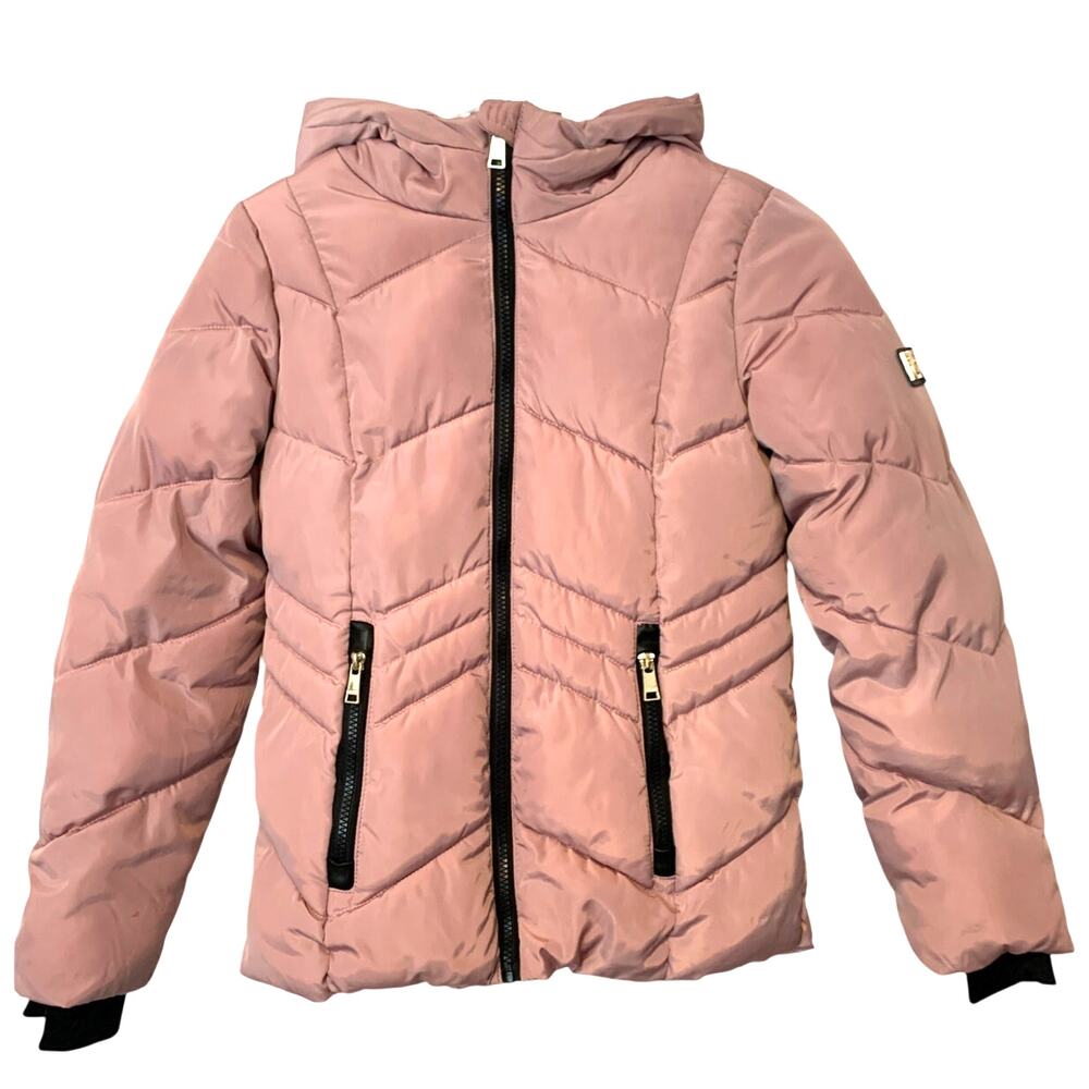 DKNY MAUVE PUFFY JACKET THUMB HOLE CUFF FLEECE HOODIE ZIPPER POCKETS M (10/12)